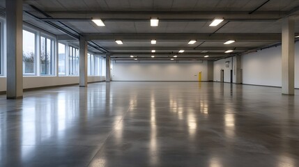 Obraz premium Spacious empty industrial warehouse interior with polished concrete floor and bright lighting : Generative AI