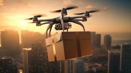 Futuristic Drone Delivery Over City Skyline