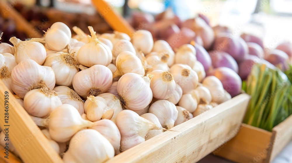 Poster Fresh garlic and onions displayed in a rustic market setting inviting culinary enthusiasts to savor organic produce : Generative AI