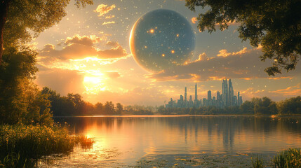 A futuristic city with towering buildings, a large planet in the sky, surrounded by water in broad daylight. The blue sky and bright sun symbolize progress, innovation, and harmony with nature