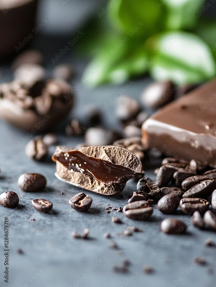Poster delicious close up of dark chocolate pieces surrounded by coffee beans and rich cocoa : generative a