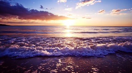 Vibrant sunset illuminating ocean waves creating a serene beach atmosphere : Generative AI