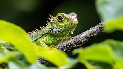Obraz premium Closeup of a vibrant green iguana perched on a branch among lush green foliage : Generative AI