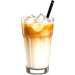 A cold beverage featuring layers of dark and light liquids, served with ice and a black straw.