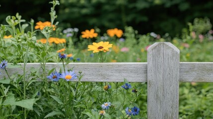 Colorful flowers and a wooden fence in a garden