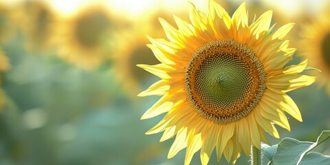 Fototapeta premium Sunflowers at sunrise with seeds in center.