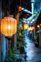 Obraz premium A picturesque night scene in a Chinese alleyway featuring traditional lanterns and street lights. A serene atmosphere ideal for romantic walks.