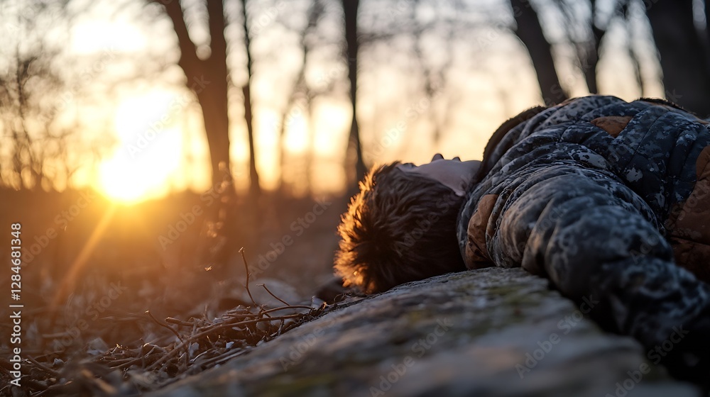 Poster young boy resting on a rock while gazing at a beautiful sunset in a serene natural environment : gen