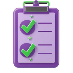 Isolated 3D Clipboard with Green Checkmarks and Stars
