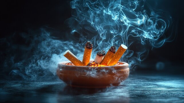 Smoking cigarettes, ashtray, dark background, smoke