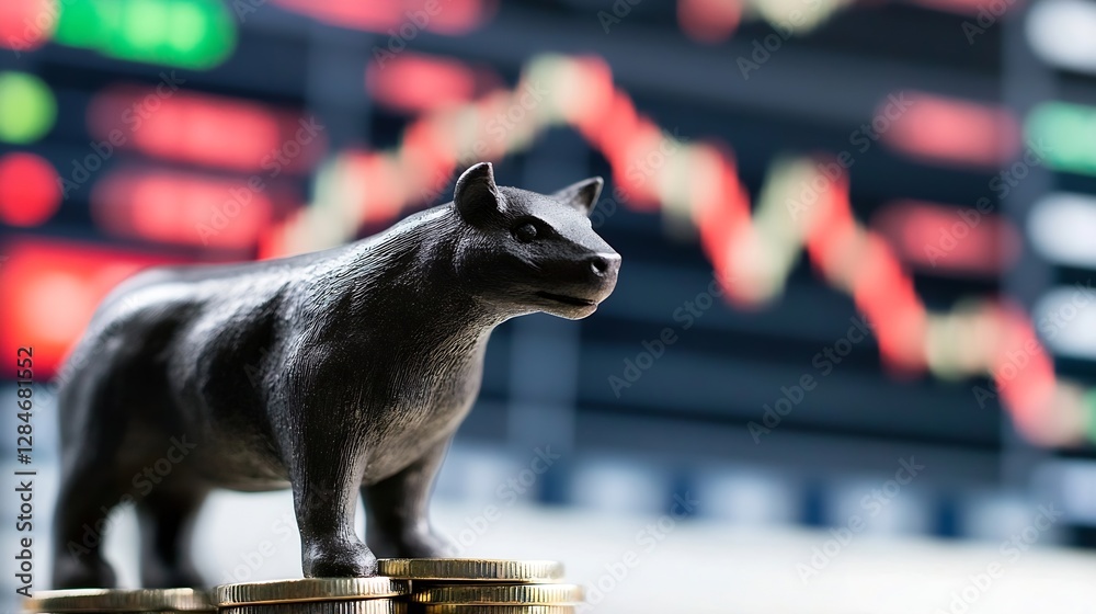 Aufkleber a close up view of a bull market indicator featuring a bear figurine on stacks of coins : generative