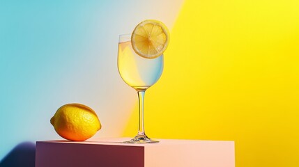 Refreshing Drink With a Slice of Lemon Served in a Glass Against a Colorful Gradient Background With Water Droplets