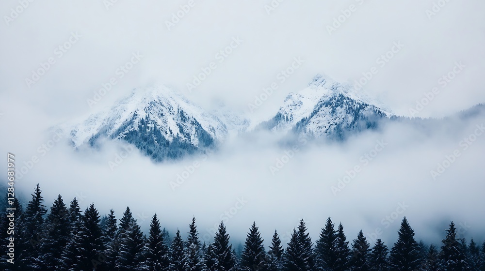 Poster majestic snowcovered mountains shrouded in mist amidst a dense evergreen forest creating a serene wi