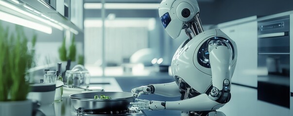 Futuristic robot cooking in modern kitchen with advanced technology
