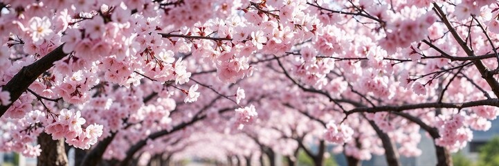 Blossoming cherry blossom trees creating a beautiful pink tunnel in spring