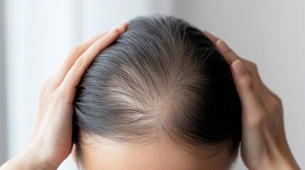 Fototapeta premium Hair loss evident in a person inspecting their thinning hairline in front of a bedroom mirror. Featuring self-awareness and concern