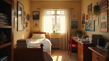 Dorm room, A cozy dorm room with a neat bed cluttered desk and posters bathed in soft sunlight in 8K UHD.