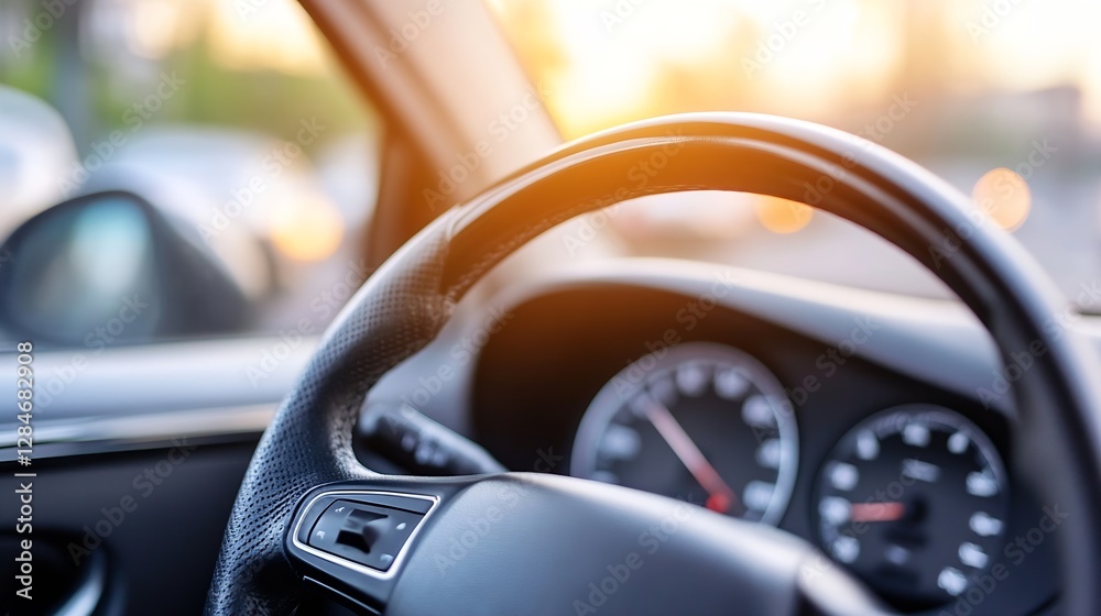 Poster closeup shot of a car steering wheel with dashboard and sunlight : generative ai