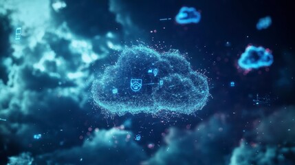 Abstract digital cloud computing concept, data security, technology in action
