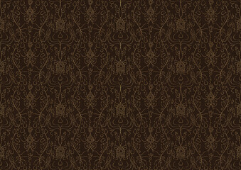 Hand-drawn unique abstract symmetrical seamless gold ornament on a dark brown background. Paper texture. Digital artwork, A4. (pattern: p13-1c)