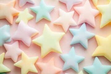 Obraz premium Set of pastel-colored star cake decorations on a pink background