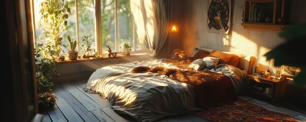 Obraz premium Cozy sunlit bedroom with plants and textured bedding