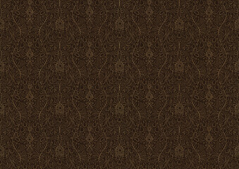 Hand-drawn unique abstract symmetrical seamless gold ornament on a dark brown background. Paper texture. Digital artwork, A4. (pattern: p13-2c)