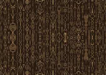 Hand-drawn unique abstract symmetrical seamless gold ornament on a dark brown background. Paper texture. Digital artwork, A4. (pattern: p14a)