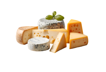 A set of five various cheeses, including Brie, cheddar, Swiss, blue cheese, and Gouda, isolated on a white and transparent background, png.