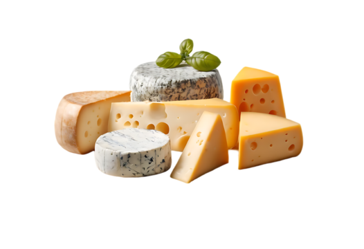 A set of five various cheeses, including Brie, cheddar, Swiss, blue cheese, and Gouda, isolated on a white and transparent background, png.