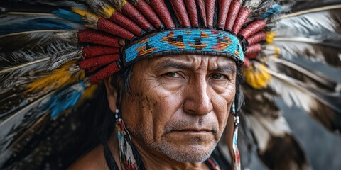 Obraz premium A Native American male wearing traditional tribal attire, featuring a headdress with red feathers and a hairstyle that resembles a warrior's hair. He has a stern expression on his face.