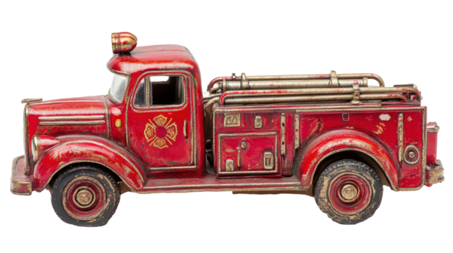 Isolated Antique Red Toy Fire Truck with Detailed Vintage Design