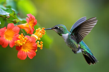 Fototapeta premium Graceful hummingbird sipping nectar from a red and yellow bloom