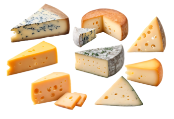 A set of five various cheeses, including Brie, cheddar, Swiss, blue cheese, and Gouda, isolated on a white and transparent background, png.