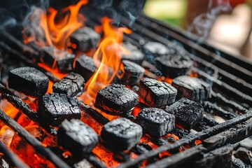 Burning Charcoal Briquettes With Flames on a Barbecue Grill