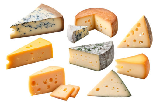 A set of five various cheeses, including Brie, cheddar, Swiss, blue cheese, and Gouda, isolated on a white and transparent background, png.