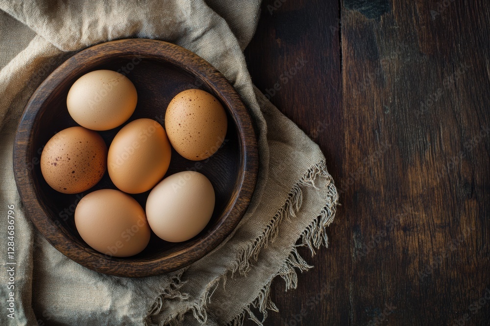 Leinwandbilder six brown eggs arranged in a rustic wooden bowl on a textured fabric background in a cozy kitchen se
