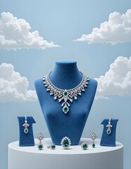 A high-end jewelry display. A blue velvet mannequin head, positioned centrally, is adorned with a dazzling diamond necklace, featuring a cascade of faceted diamonds and teardrop-shaped emeralds.