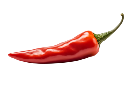 red hot chili pepper with a smooth, glossy surface and green stem, isolated on a white or transparent background, png.