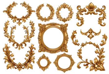 Ornate golden corner decoration frame isolated on a white or transparent background, png.