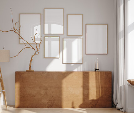 Fototapeta Mock up frame in home interior background, white room with natural wooden furniture, Scandinavian style, 3d render