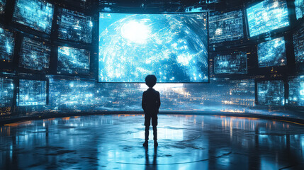Fototapeta premium Child stands in front of a large screen with a blue planet on it. The child is looking at the screen with a sense of wonder and curiosity