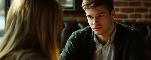 Fototapeta premium Young man and woman conversing in cozy café with brick walls and warm lighting