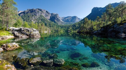 Crystal-clear mountain lake reflects peaks, idyllic summer scene, nature backdrop