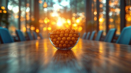 Fresh vibrant orange balls in glass bowl on wooden table