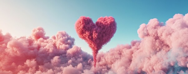 Heart-shaped cloud in pink sky with puffy clouds and soft sunset light