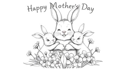 Obraz premium Mama rabbit with two baby rabbits, Mother's Day card