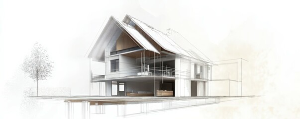 Modern architectural house design sketch with cutaway view and tree