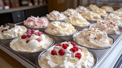 Clear glass display case showcasing a variety of colorful ice cream and gelato in an Italian shop, symbolizing freshness, indulgence, and modern culinary delights