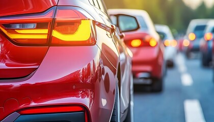 The Red Car Lights Illuminating the Road in a Traffic Jam